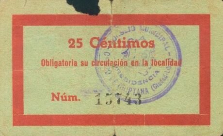 Реверс банкноты 25 centymów Criptana (Hiszpania) 1937