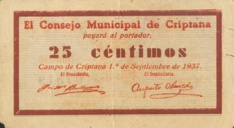 Аверс банкноты 25 centymów Criptana (Hiszpania) 1937