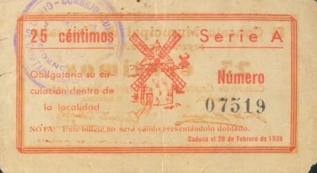 Реверс банкноты 25 centymów Criptana (Hiszpania) 1937