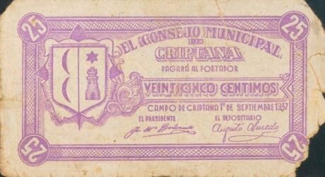 Аверс банкноты 25 centymów Criptana (Hiszpania) 1937