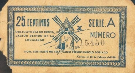 Реверс банкноты 25 centymów Criptana (Hiszpania) 1937