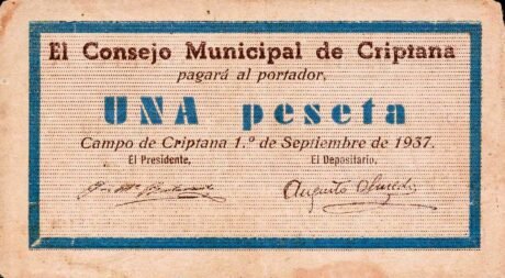 Аверс банкноты 1 peseta Criptana (Spain) 1937