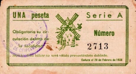 Реверс банкноты 1 peseta Criptana (Spain) 1937