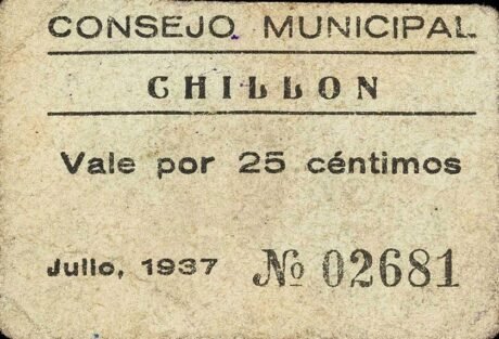 Аверс банкноты 25 сантимов Шильон (Испания) 1937 года