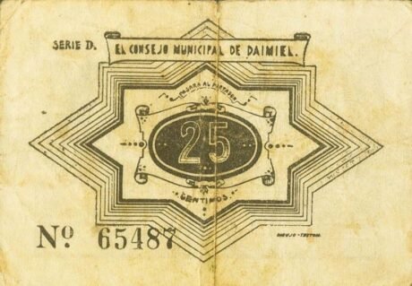 Реверс банкноты 25 сантимов Даймиэль (Испания) 1937 года