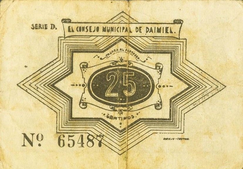 Реверс банкноты 25 сантимов Даймиэль (Испания) 1937 года