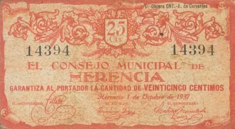Аверс банкноты 25 centymów Herencia (Hiszpania) 1937
