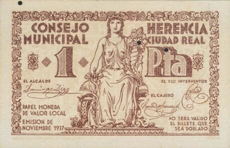 Аверс банкноты 1 peseta Herencia (Hiszpania) 1937