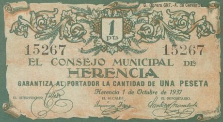 Аверс банкноты 1 peseta Herencia (Hiszpania) 1937