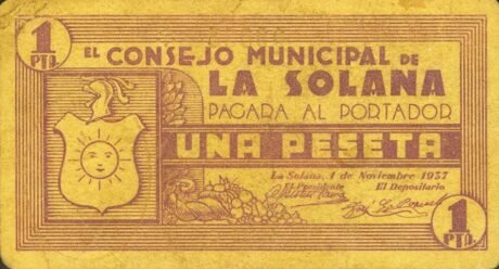 Аверс банкноты 1 peseta La Solana (Hiszpania) 1937