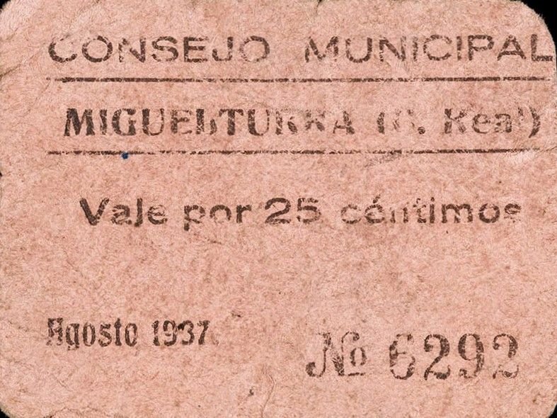 Аверс банкноты 25 сантимов Мигельтурра (Испания) 1937 года