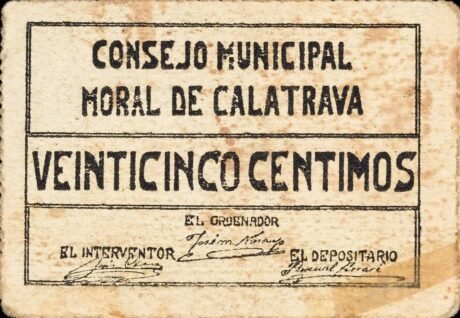 Аверс банкноты 25 centymów Moral firmy Calatrava (Hiszpania)