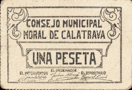 Аверс банкноты 1 peseta Moral Calatrava (Spain)