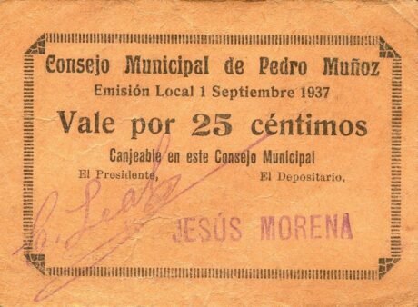 Аверс банкноты 25 centymów Pedro Muñoz (Hiszpania) 1937