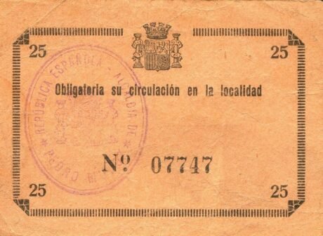 Реверс банкноты 25 centymów Pedro Muñoz (Hiszpania) 1937