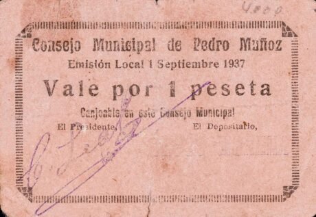 Аверс банкноты 1 Peseta Pedro Muñoz (Hiszpania) 1937