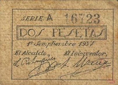 Реверс банкноты 2 песеты Пуэртольяно (Испания) 1937 года
