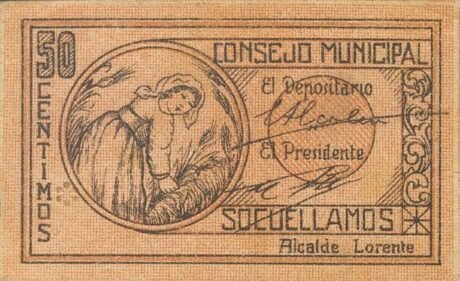 Аверс банкноты 50 centymów socuellamos (Hiszpania) 1937