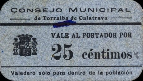 Аверс банкноты 25 сантимов Торральба де Калатрава (Испания)
