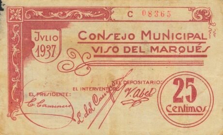 Аверс банкноты 25 centymów Viso del Marquez (Hiszpania) 1937
