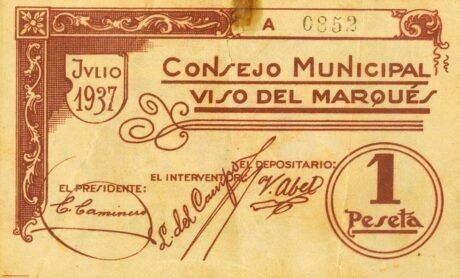 Аверс банкноты 1 peseta Viso del Marques (Hiszpania) 1937