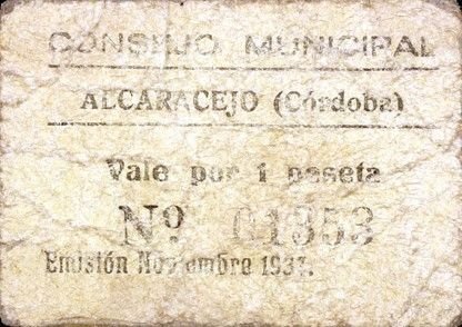 Аверс банкноты 1 peseta Alcaracejo (Hiszpania) 1937