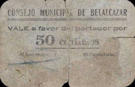 Аверс банкноты 50 сантимов Белалькасар (Испания)