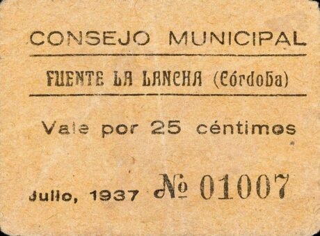 Awers banknotu 25 centymów Fuente la Lancha (Hiszpania) 1937