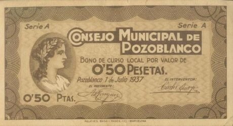 Аверс банкноты 0,50 peset Pozoblanco (Hiszpania) 1937