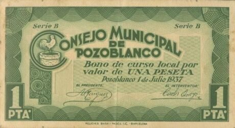 Аверс банкноты 1 peseta Pozoblanco (Hiszpania) 1937