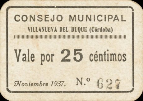 Аверс банкноты 25 centymów Villanueva del Duque (Hiszpania) 1937