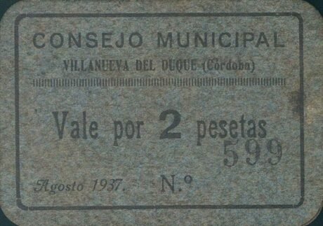 Аверс банкноты 2 peset Villanueva del Duque (Hiszpania) 1937
