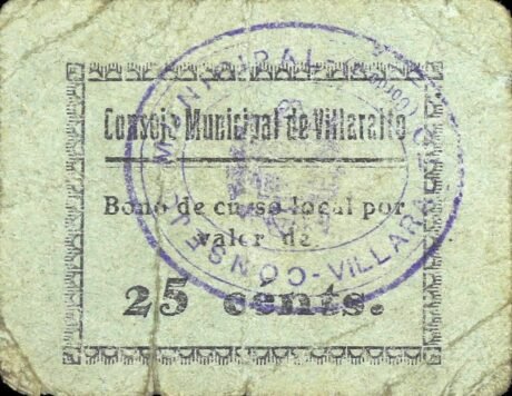 Аверс банкноты 25 сантимов Вильяральто (Испания)