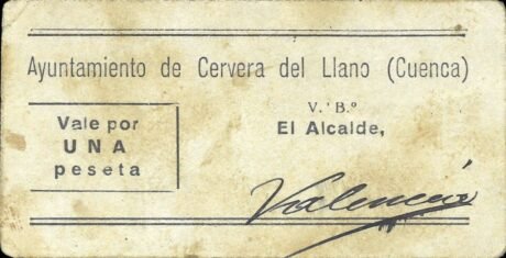 Аверс банкноты 1 песета Сервера дель Льяно (Испания)