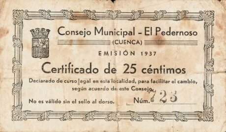 Аверс банкноты 25 centymów El Pedernoso (Hiszpania) 1937