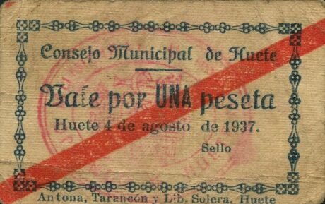 Аверс банкноты 1 peseta Huete (Spain) 1937