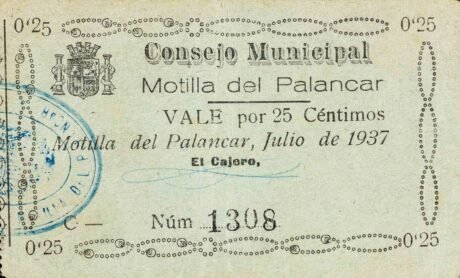 Аверс банкноты 25 centymów Motilla del Palancar (Hiszpania) 1937