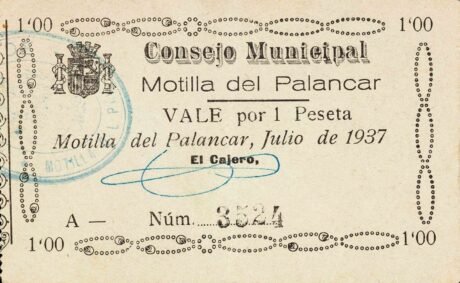 Аверс банкноты 1 peseta Motilla del Palancar (Hiszpania) 1937