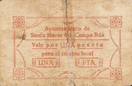Аверс банкноты 1 peseta Santa Maria del Campo Rus (Hiszpania)