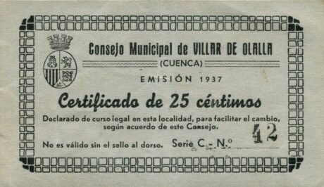 Аверс банкноты 25 centymów Villar de Olalla (Hiszpania) 1937