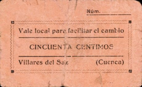 Аверс банкноты 50 сантимов Вильярес дель Сас (Испания)