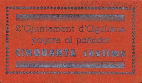 Реверс банкноты 50 сантимов Агуллана (Испания)