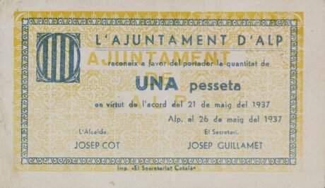 Аверс банкноты 1 Альпийская песета (Испания) 1937 года