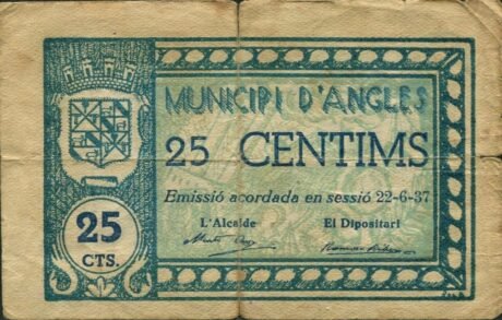 Аверс банкноты 25 английских сантимов (Испания) 1937 года