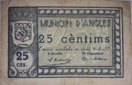 Аверс банкноты 25 английских сантимов (Испания) 1937 года