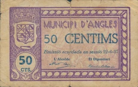 Аверс банкноты 50 английских сантимов (Испания) 1937 года