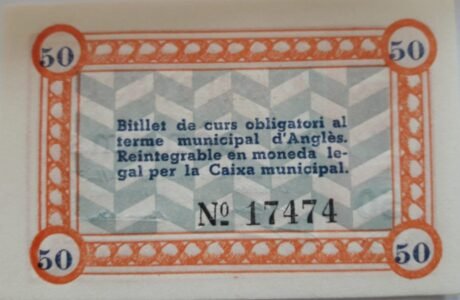 Реверс банкноты 50 английских сантимов (Испания) 1937 года