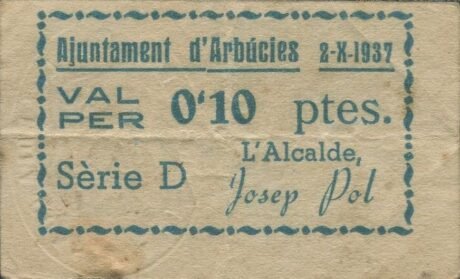 Аверс банкноты 0.10 pesetas arbucies (Spain) 1937