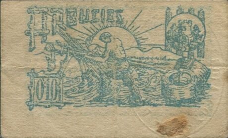 Реверс банкноты 0.10 pesetas arbucies (Spain) 1937