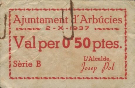 Аверс банкноты 0,50 peset Arbúcies (Hiszpania) 1937